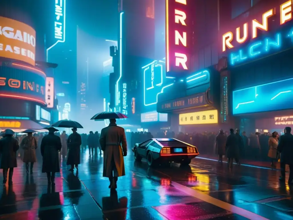 Metrópolis futurista cyberpunk: luces, hologramas y peligro urbano Metropolis futurista con luces neón y hologramas reflejados en rascacielos bajo la lluvia