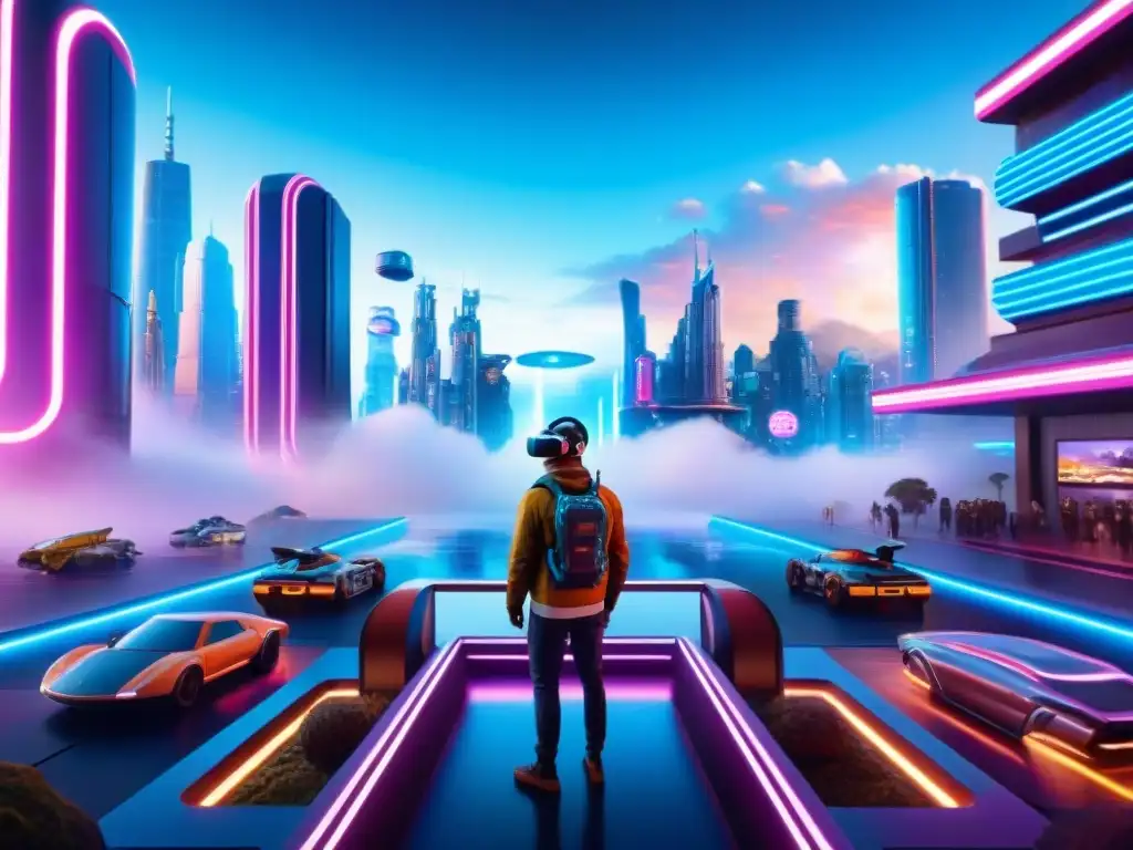 Futurista mundo de realidad virtual con colores vibrantes y rascacielos, inspirado en 'Ready Player One'