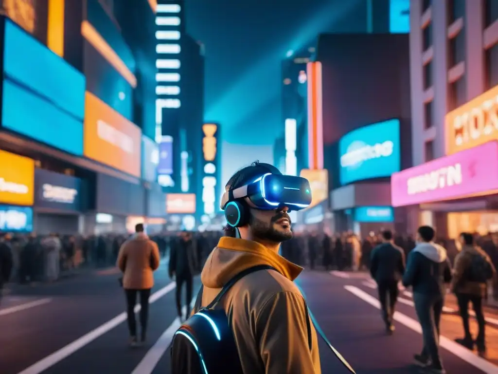 Un futurista paisaje urbano nocturno con gente usando visores de realidad virtual