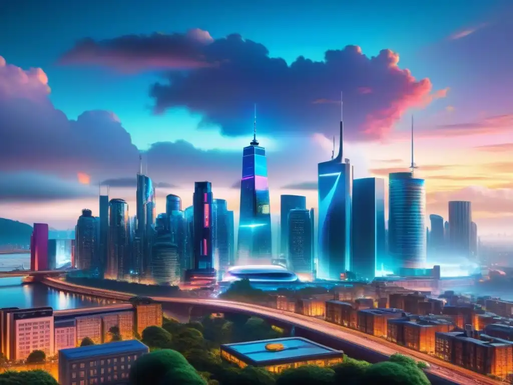 Metrópolis futurista: hologramas y merchandising personalizado Un futurista paisaje urbano nocturno con hologramas de 'Merchandising personalizado universos ficticios' brillando en la oscuridad