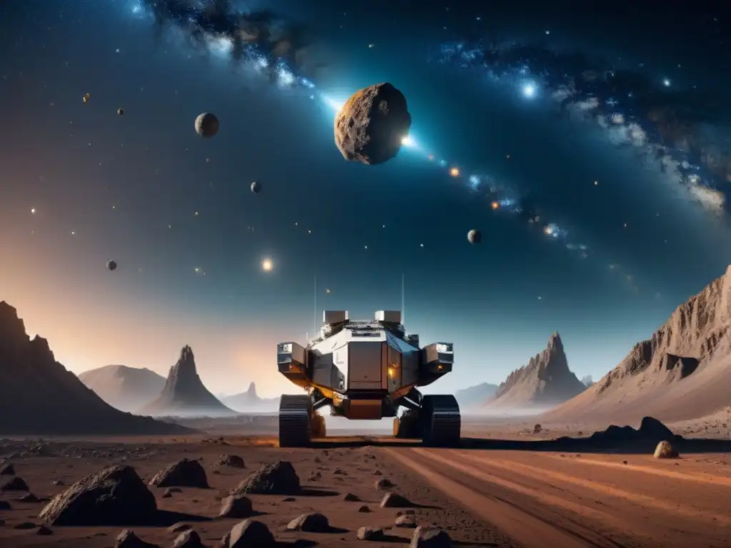 Operación futurista de extracción de recursos en asteroides con tecnología avanzada y ética en el espacio