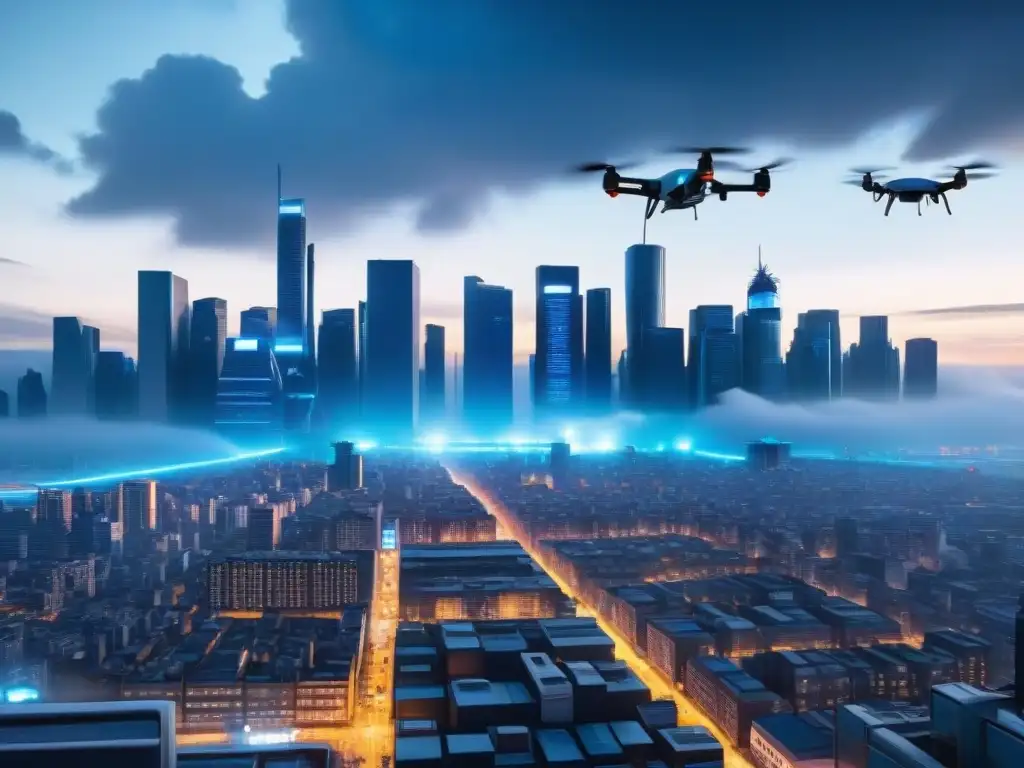 Metrópolis futurista: opresión y vigilancia en ciudad distópica En un futuro distópico en la cultura, imponentes rascacielos dominan la ciudad con un ambiente frío y opresivo