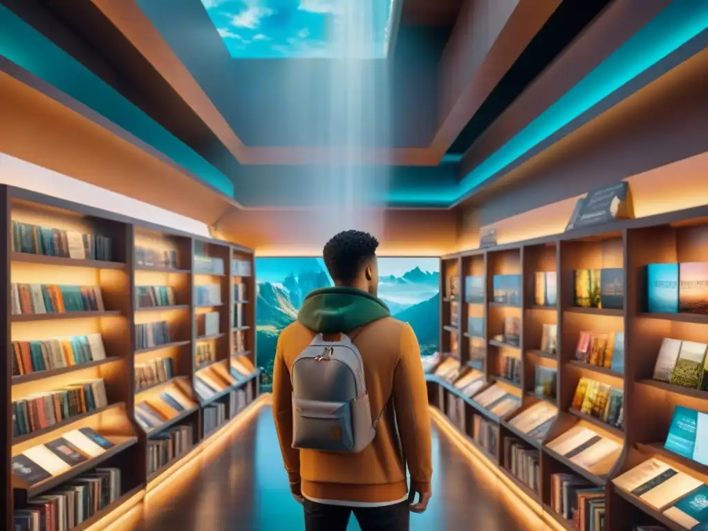 Explora un futuro increíble con merchandising personalizado en universos ficticios en una librería futurista en una metrópolis vibrante