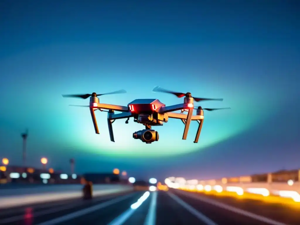 En un futuro urbano, un dron de vigilancia sobrevuela la noche, reflejando luces neon