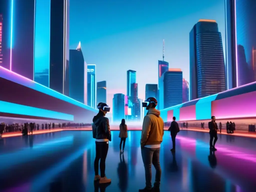 Un futuro urbano con luces neón, realidad aumentada y tecnología avanzada, reflejando el impacto de Black Mirror en nuestra percepción tecnológica