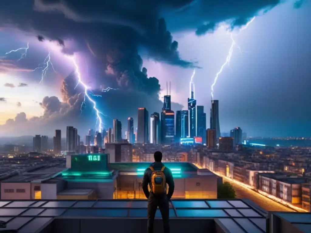 Distópico atardecer: rebelión en ciudad de neón Futuros distópicos en la cultura: Ciudad opresiva al anochecer, drones amenazantes y rebeldes en las sombras