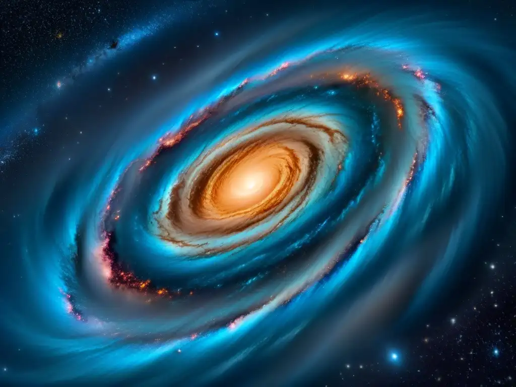 Una galaxia masiva y detallada con colores vibrantes y estrellas titilantes, evocando la maravilla de la banda sonora Interstellar análisis