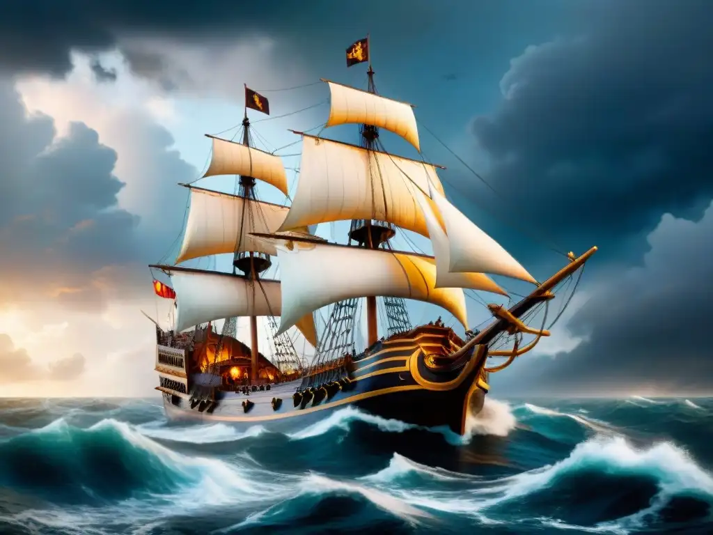 Un galeón majestuoso navega por mares tormentosos bajo un cielo dramático, reflejando el comercio marítimo en Juego de Tronos