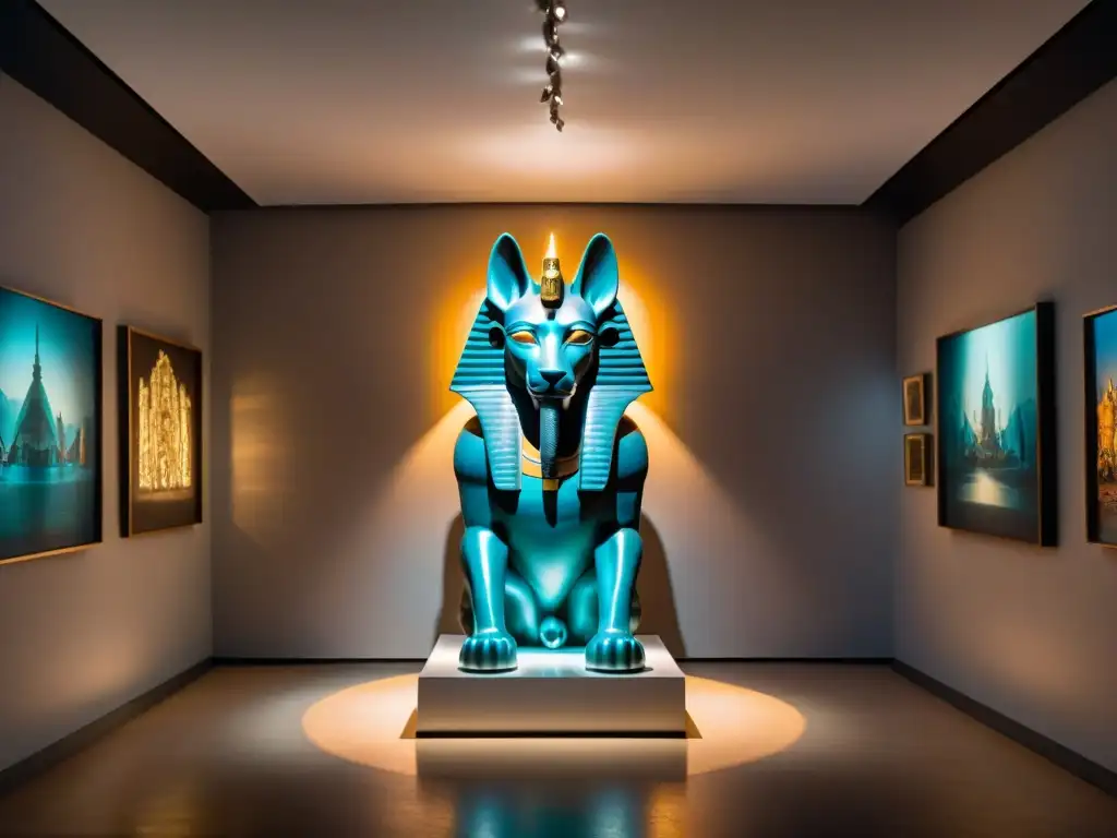 Una galería de arte contemporáneo con influencia de la mitología egipcia y arte moderno, destacando una escultura de Anubis en materiales metálicos