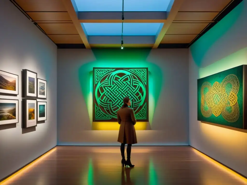 Exposición de arte celta: vibrante y fascinante Una galería de arte moderno con influencia celta, exhibiendo vibrantes pinturas y esculturas