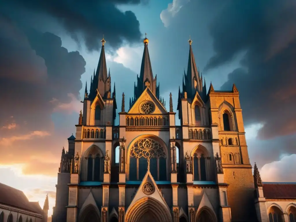 Gárgolas en mundos ficticios: majestuosa catedral antigua al atardecer con nubes tormentosas y guardianes de piedra