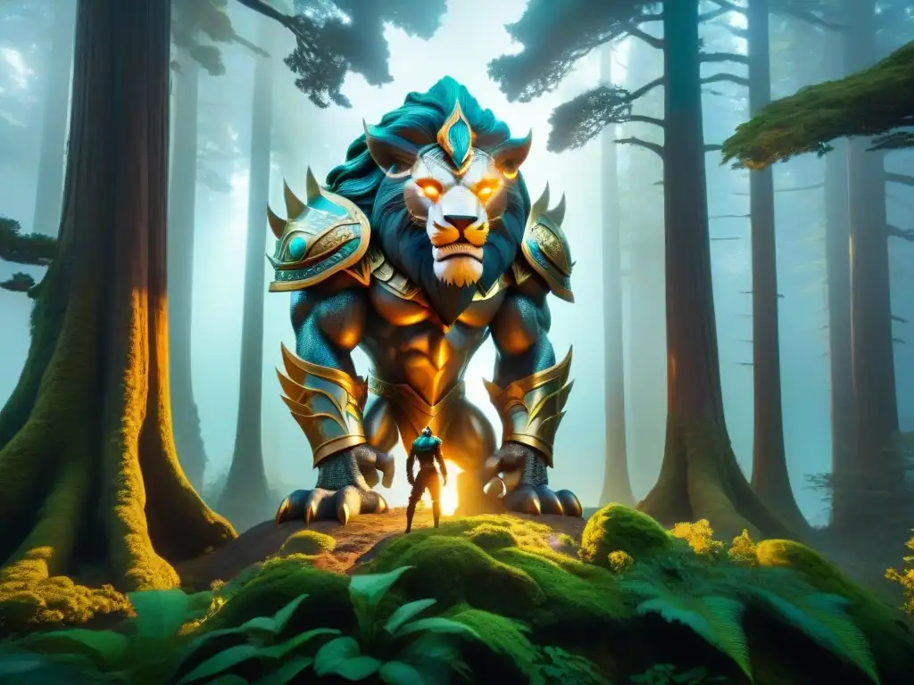 Un gigante majestuoso y una heroica figura en un bosque antiguo, reflejando conexión y respeto en historias de héroes y criaturas gigantes