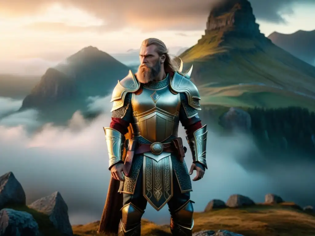 Un gigante nórdico en armadura antigua, con un martillo gigante, en un paisaje místico iluminado por luz etérea