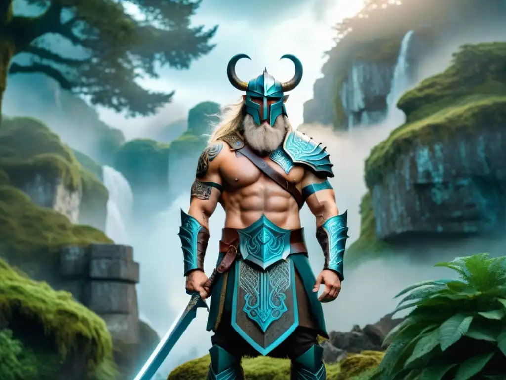 Dos gigantes en mitología y fantasía: uno ancestral con hacha, el otro moderno con espada de energía, en un bosque místico