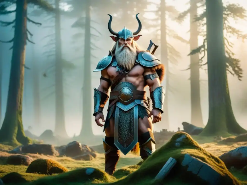 Gigantes en mitología y fantasía: Colosos nórdicos en bosque místico al atardecer