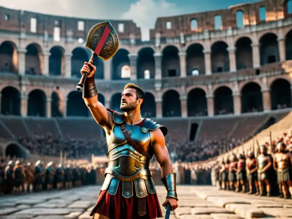 Un gladiador victorioso en el Coliseo Romano, su armadura brilla alzando la espada ensangrentada mientras la multitud ruge