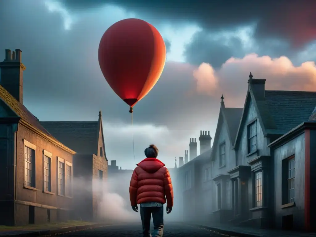 Un globo rojo icónico flota sobre las neblinosas calles de Derry, con la siniestra casa Neibolt en ruinas y Pennywise acechando