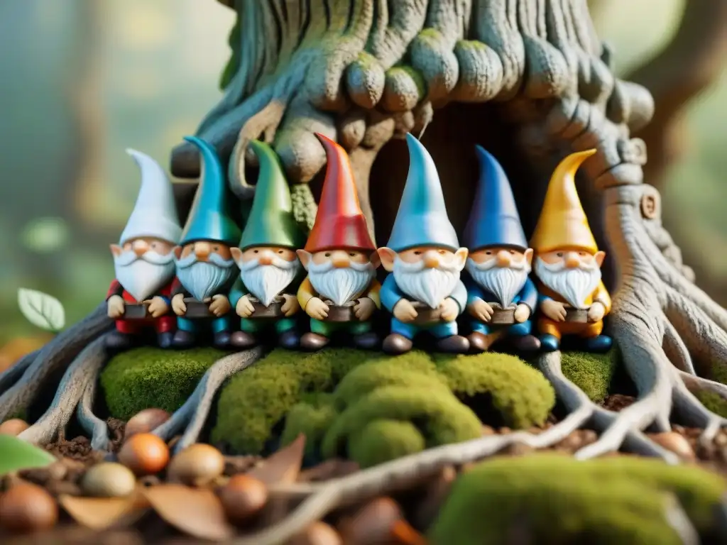 Mini duendes y gnomos en un bosque mágico bajo un roble ancestral