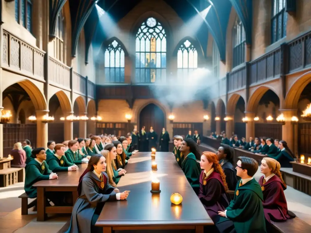 En el Gran Comedor de Hogwarts, estudiantes de diferentes casas dialogan con camaradería y respeto, reflejando las reglas no escritas de convivencia en universos ficticios