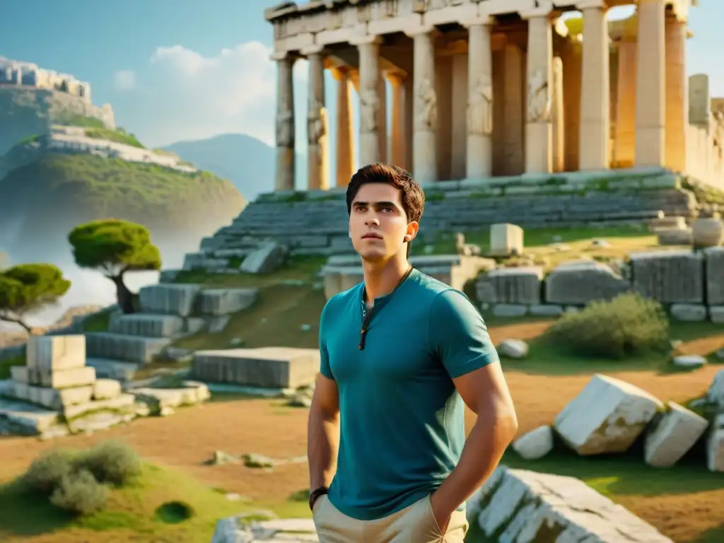 Percy Jackson contempla la grandeza del Partenón en antiguas ruinas griegas, fusionando pasado y presente