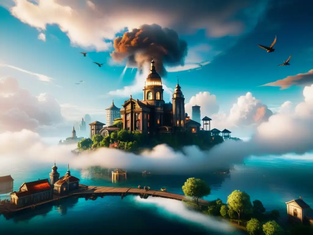 Utopía de Columbia en Bioshock Infinite: grandiosa ciudad flotante con el icónico Songbird en un dramático cielo soleado