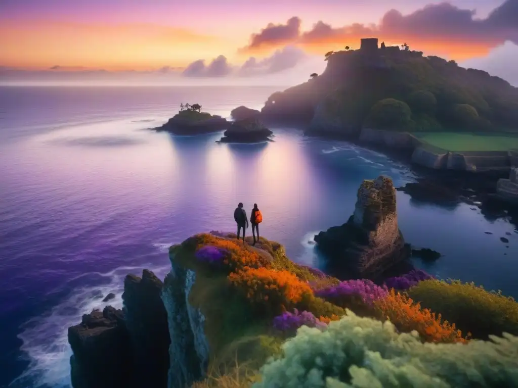 Misterio en la isla: jóvenes exploradores al atardecer Grupo de adolescentes en un acantilado con una isla misteriosa al fondo, iluminados por un atardecer de tonos morados y naranjas