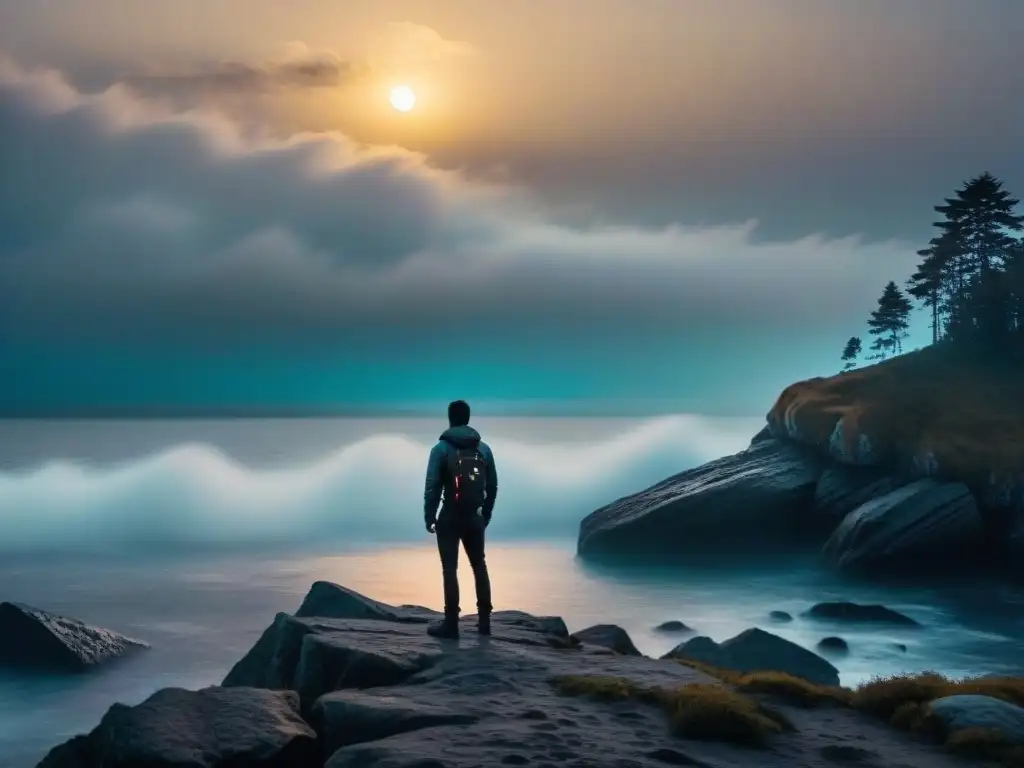 Adolescentes en acantilado nocturno: misterio y aventura paranormal Grupo de adolescentes en un acantilado rocoso, contemplando un mar oscuro y misterioso de noche