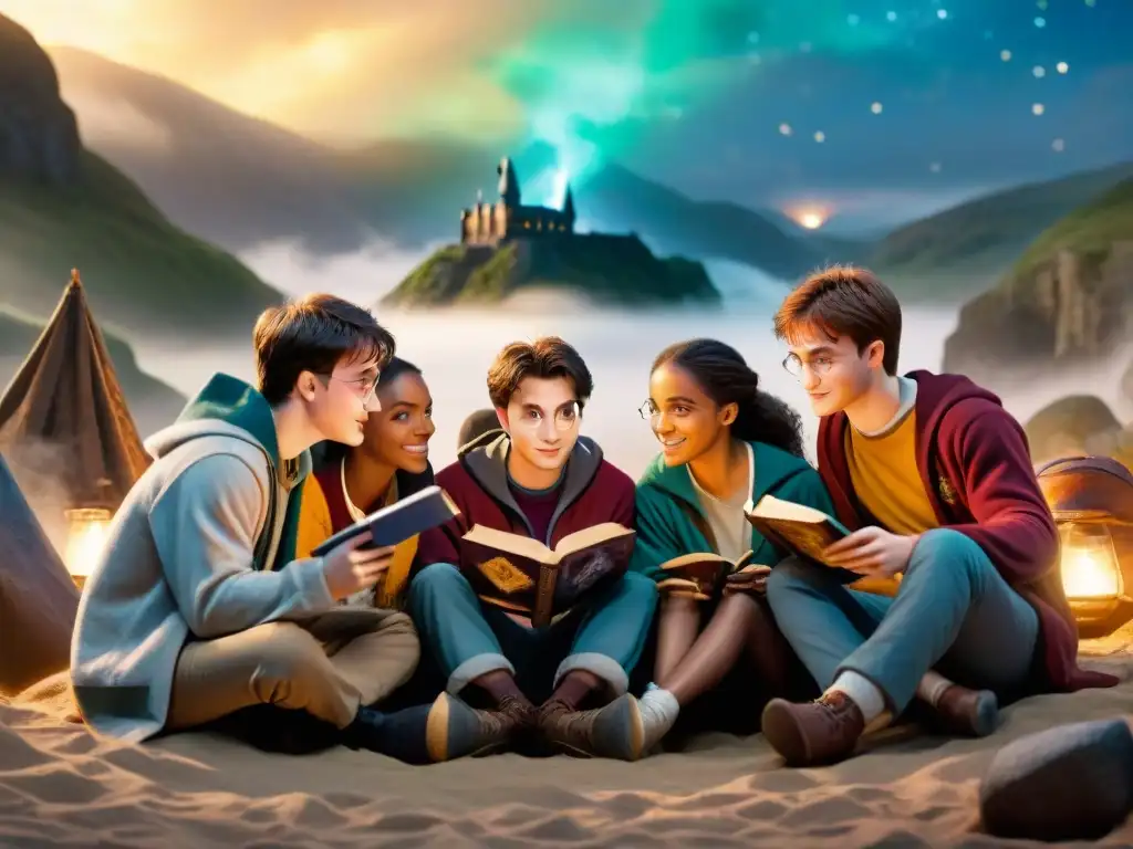 Un grupo de adolescentes diversos lee emocionado libros de Harry Potter bajo un cielo estrellado, creando un ambiente mágico