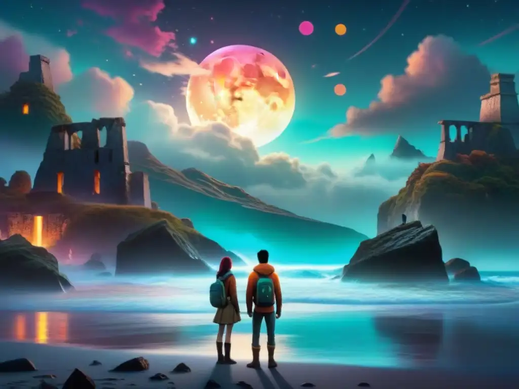 Misterio y juventud en la playa lunar: Oxenfree Un grupo de adolescentes en una playa iluminada por la luna, rodeados de ruinas antiguas con símbolos misteriosos