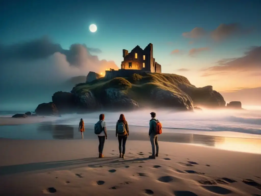 Exploración nocturna en la playa: misterio y sobrenatural en Oxenfree Un grupo de adolescentes explora una playa misteriosa y brumosa de noche, con ruinas viejas al fondo y una presencia sobrenatural en el aire