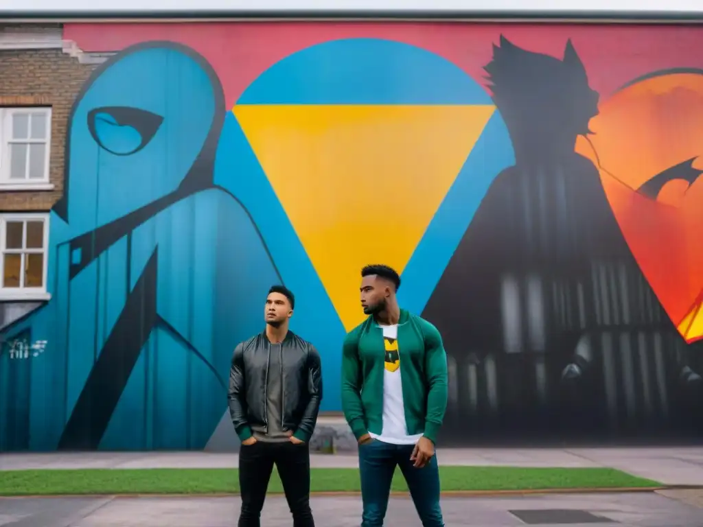 Un grupo de adolescentes solemnes frente a un mural de graffiti con superhéroes y oscuridad, en un entorno urbano