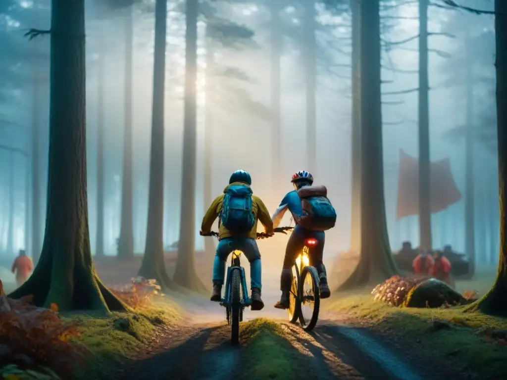 Un grupo de amigos en bicicleta atraviesa un bosque brumoso al atardecer, con la figura misteriosa de un encapuchado observándolos