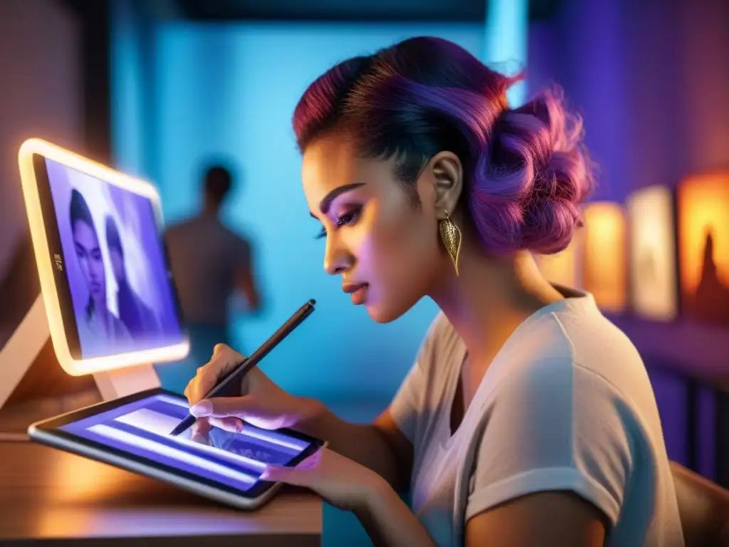 Un grupo de artistas apasionados crea detallado fan art en tabletas, iluminados por la pantalla en un estudio