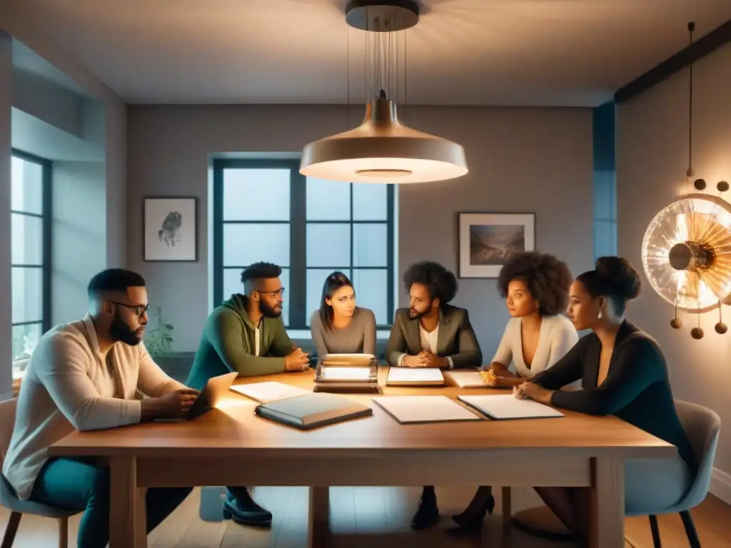 Grupo de artistas y escritores colaborativos creando fan art en una mesa de roble, iluminados por cálidas bombillas Edison