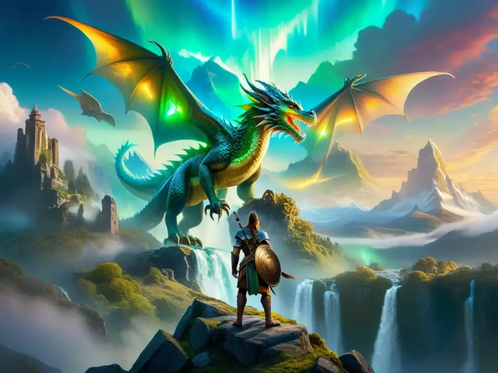 Un grupo de aventureros se une a un majestuoso dragón en un paisaje fantástico, representando relaciones humano-criatura en narrativas épicas