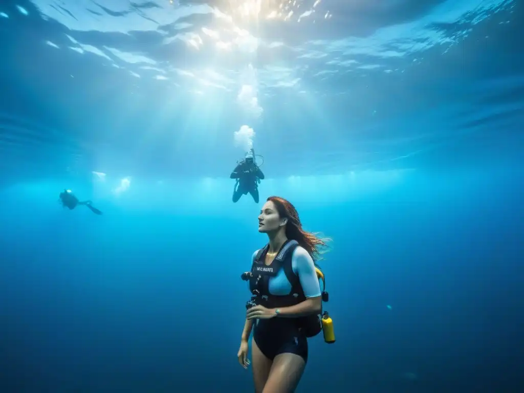 Un grupo de biólogos marinos modernos escuchando las melodías de sirenas etéreas en un barco de investigación de alta tecnología