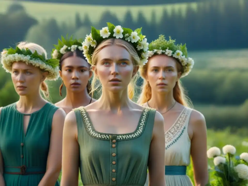 Un grupo en un campo soleado, usando coronas florales, evocando el folklore escandinavo en Midsommar