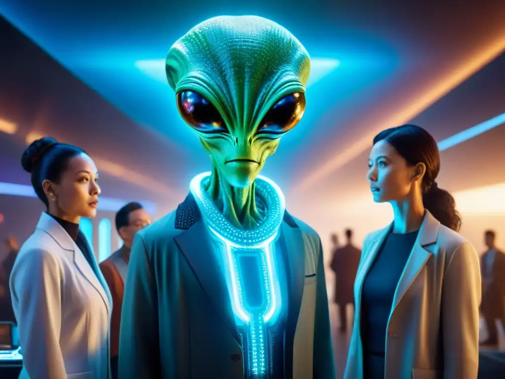 Grupo de científicos en avanzado laboratorio intentando decodificar lenguaje alienígena en pantalla holográfica