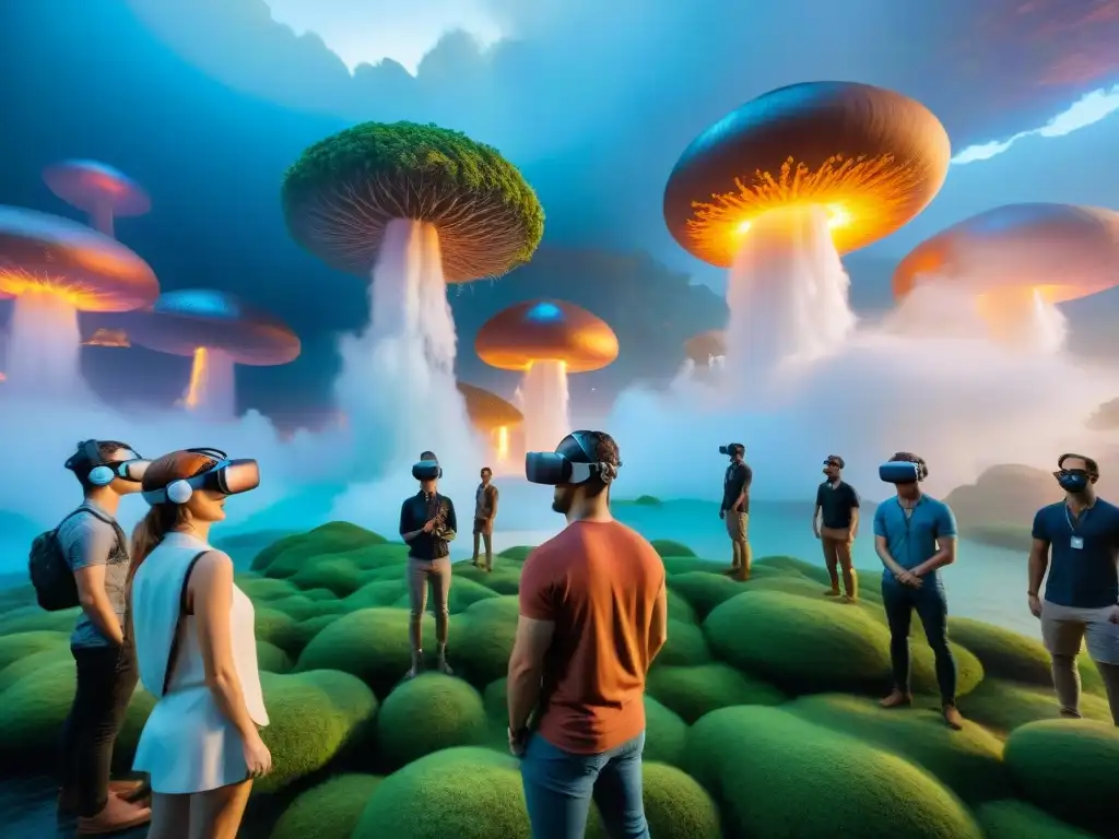 Grupo en convención, maravillados por impresionante instalación de realidad virtual en mundo mágico