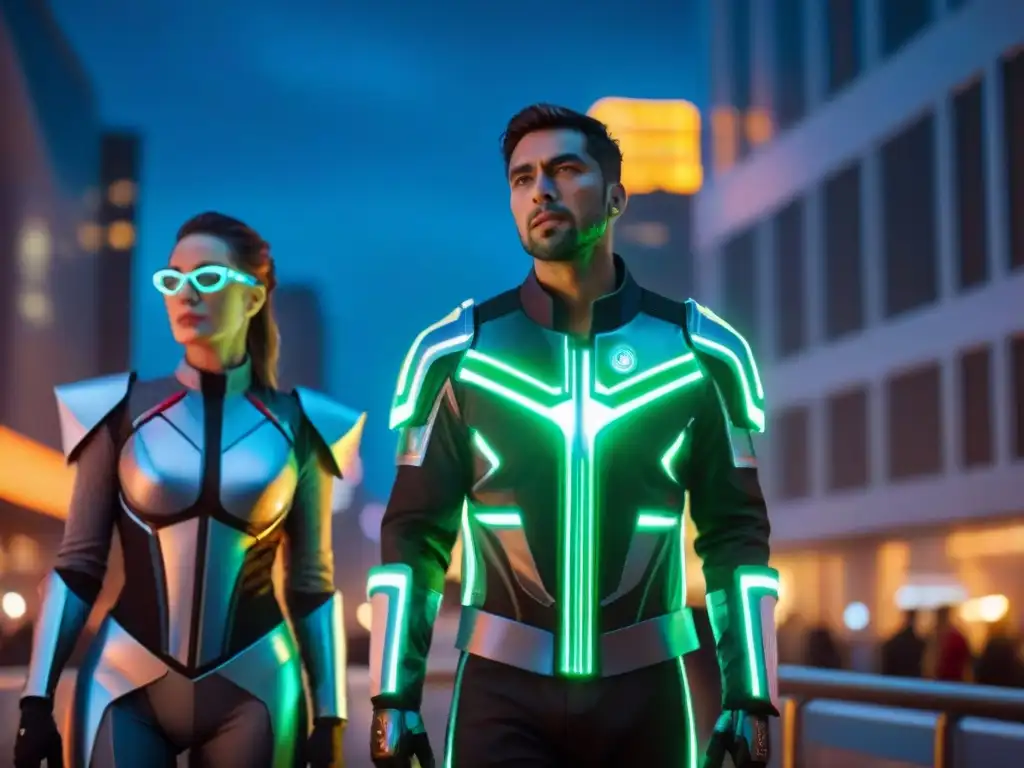 Grupo de cosplayers en trajes futuristas brillantes en una ciudad nocturna, reflejando luces de neón