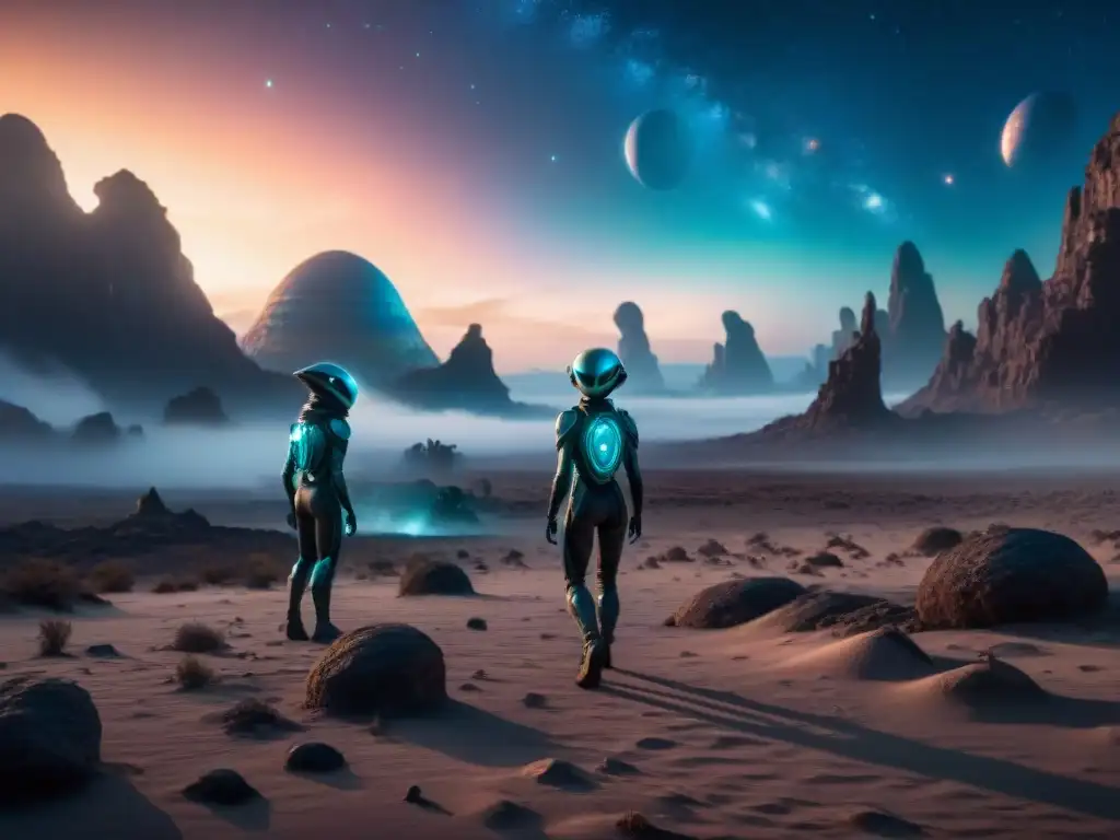 Un grupo de criaturas alienígenas con características bioluminiscentes se adaptan en un paisaje hostil en un planeta distante