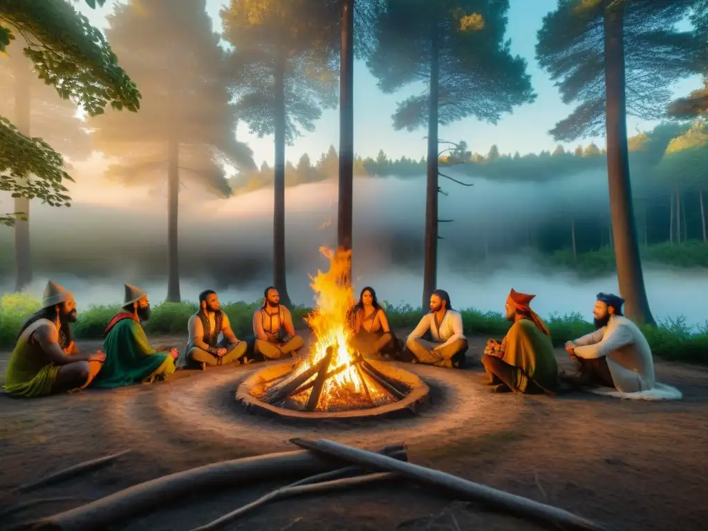 Un grupo de criaturas fantásticas se reúne alrededor de una fogata mística en un claro del bosque, creando cultura en reinos