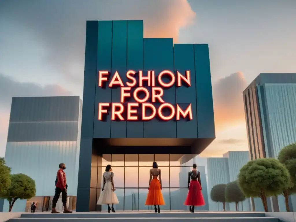 Un grupo desafiante frente a la sede corporativa de moda en un mundo distópico