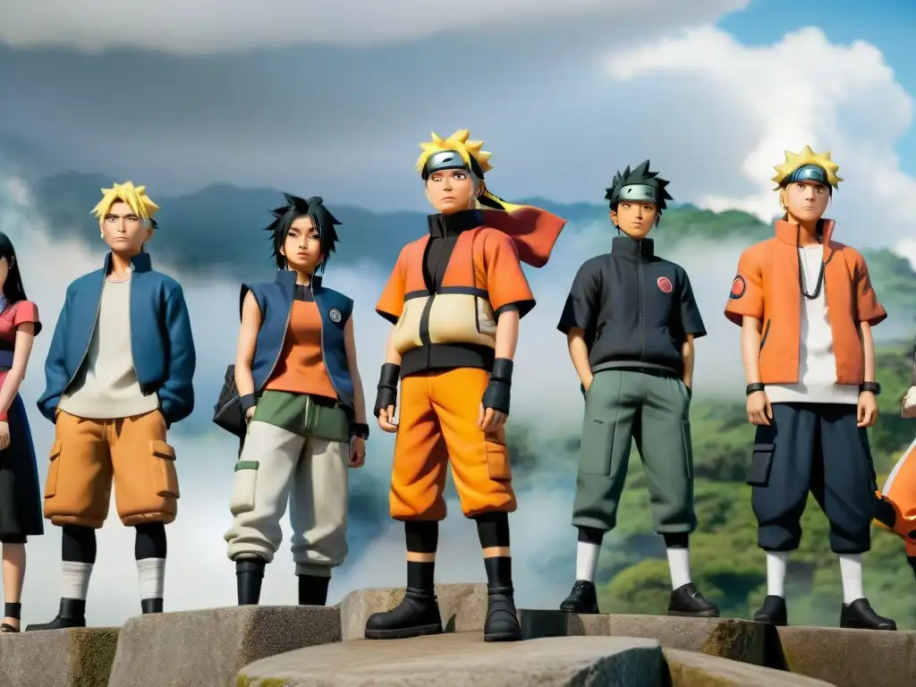 Un grupo diverso de adolescentes vistiendo atuendos de 'Naruto' frente a escenarios icónicos