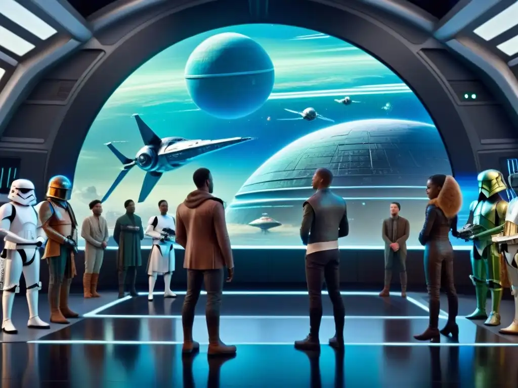 Grupo diverso de alienígenas en Star Wars analizando dialectos galácticos en holograma