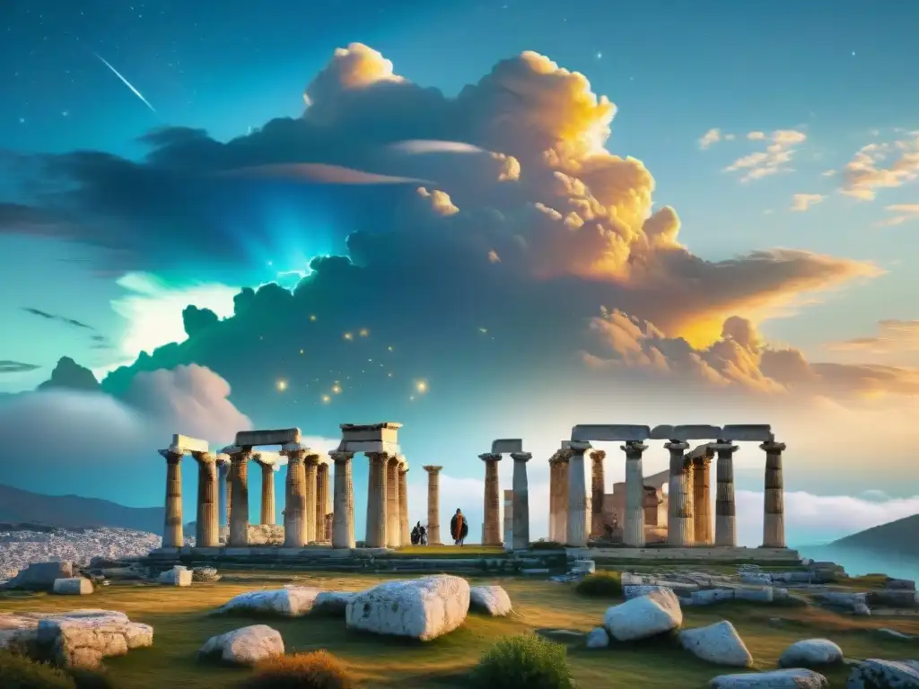 Mitología antigua en la ciudad moderna: una fusión mágica Un grupo diverso sostiene artefactos mitológicos en una ciudad moderna con ruinas griegas, fusionando pasado y presente