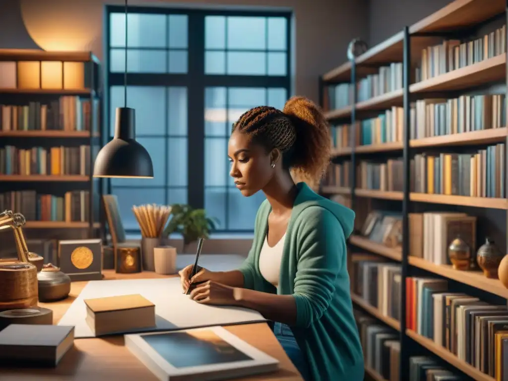 Intensa creatividad: artistas crean fan art en estudio iluminado Un grupo diverso de artistas crea fan art con pasión en un estudio iluminado por una cálida luz dorada