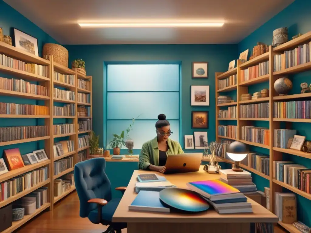 Comunidad creativa: artistas fanáticos inspirados en mundos ficticios Un grupo diverso de artistas creando fan art inspirado en mundos ficticios, rodeados de suministros artísticos y luz cálida de estudio