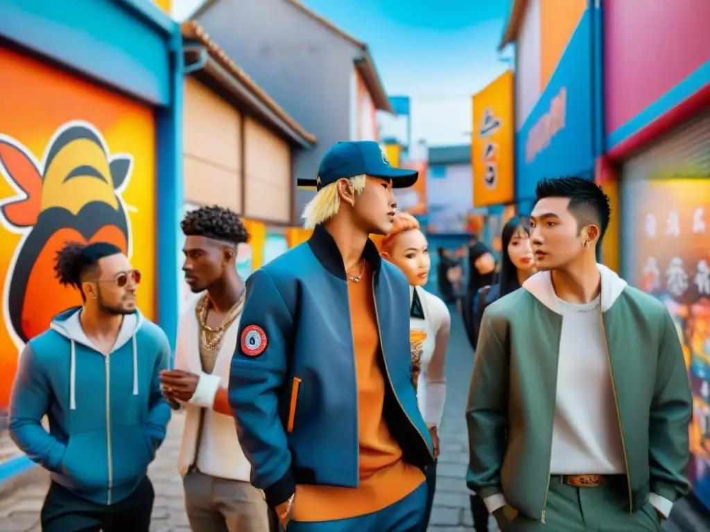 Un grupo diverso de jóvenes discute animadamente en la calle, rodeados de merchandising de 'Naruto'