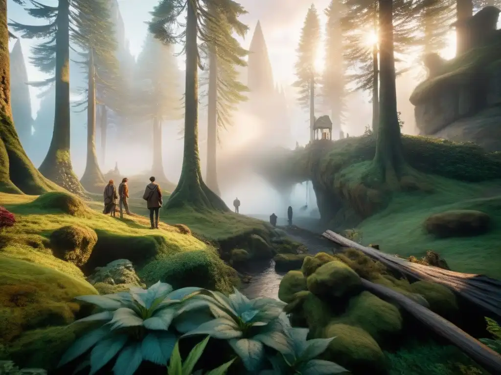 Encuentro mágico: criaturas de Harry Potter en bosque místico Un grupo diverso de criaturas mágicas del universo de Harry Potter se reúne en un bosque místico